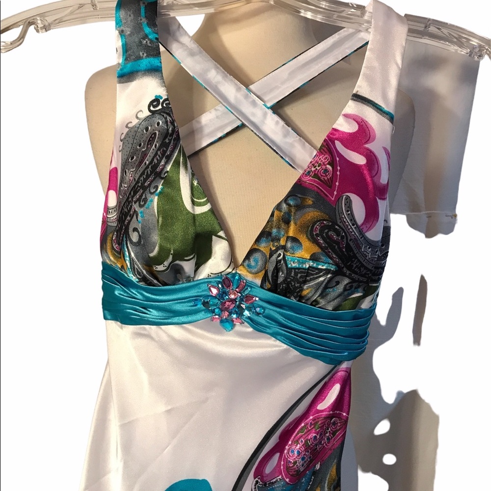 Halter White Floral Maxi Silky Dress - Picture 2 of 8